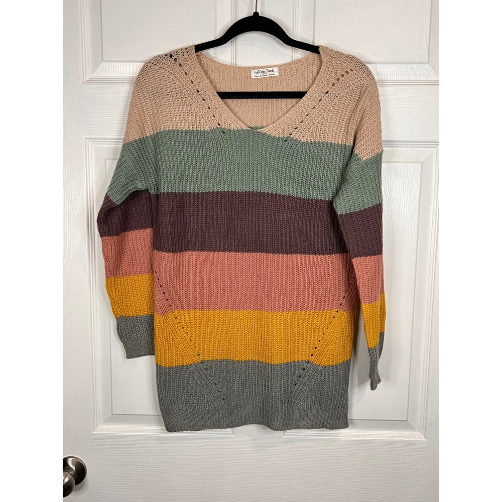 Full Circle Trends Colorblock Striped V-Neck Knit Sweater - Size Medium